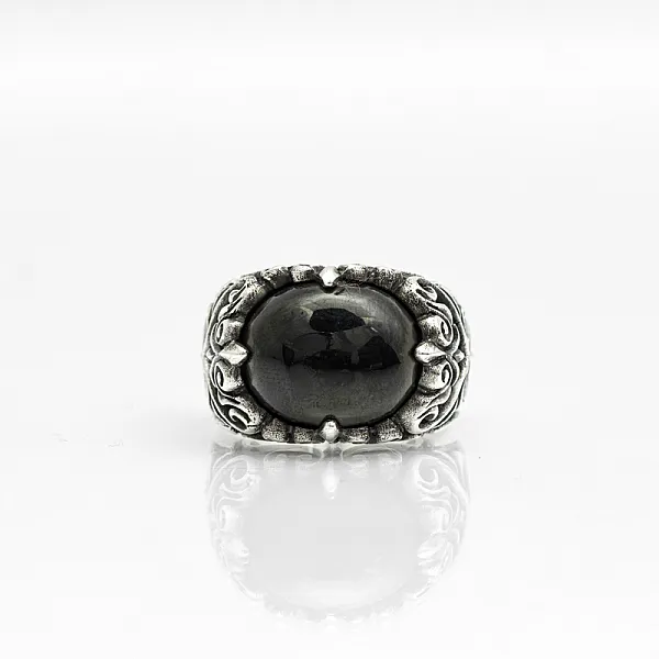 Inel oval broderie gotica negru Argint