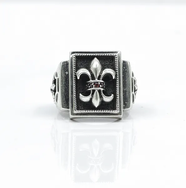Inel dreptunghiular Fleur de Lis c.z.rosu Argint
