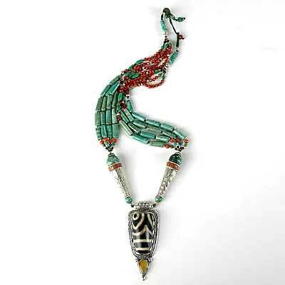Colier Nepal pandant dzi turcoaze.corale Argint - 2