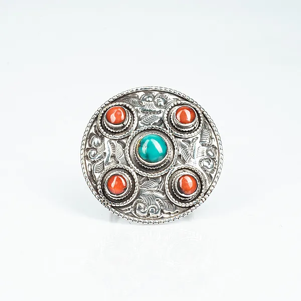 Inel Nepal rotund decor corale-turcoaze Argint