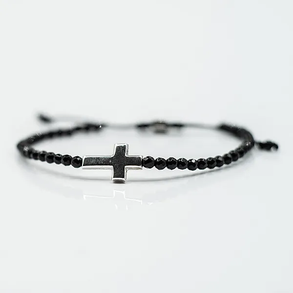 Bratara textila onix cruce simpla.L Argint