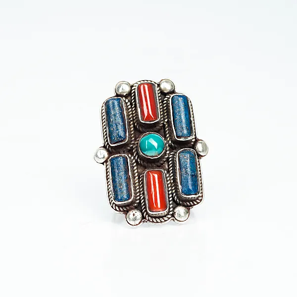 Inel Nepal dreptunghiular lapis-coral-turcoaza Argint