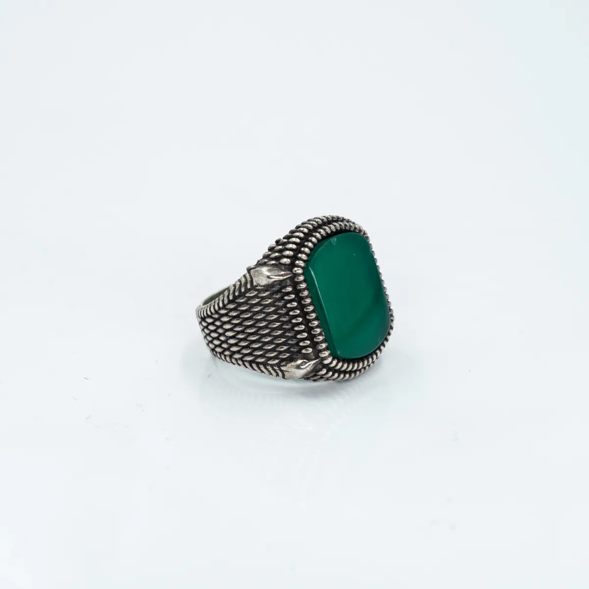 Inel dreptunghiular buburuze agat verde Argint