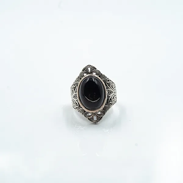 Inel oval ascutit broderie onix Argint