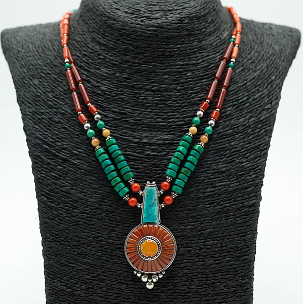 Colier Nepal soare coral chihlimbar Argint