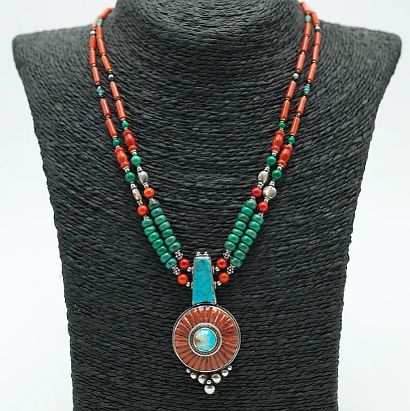 Colier Nepal soare coral turcoaza Argint