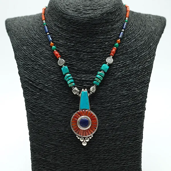 Colier Nepal soare coral lapis.lazuli Argint