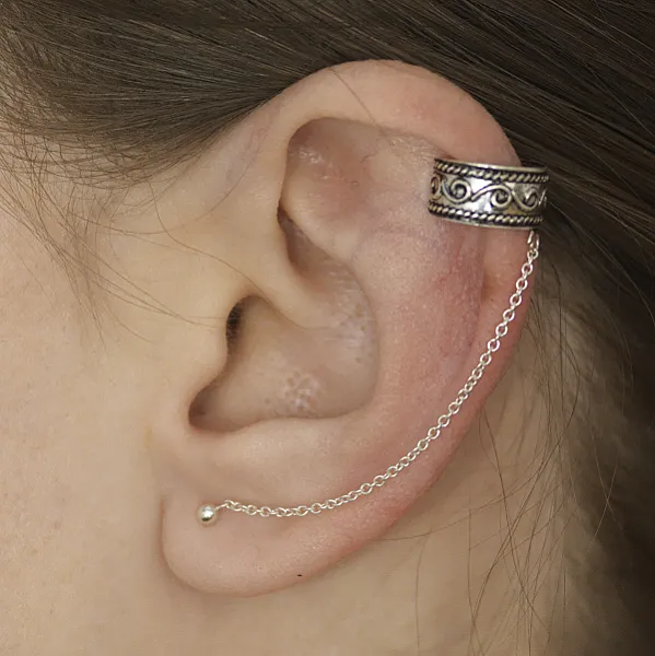 Cercei earcuff cu lant valuri Argint